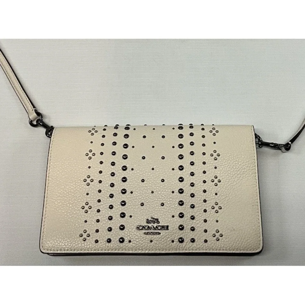COACH Bandana Rivets Foldover Crossbody Purse Bag Ivory Pebbled Leather VGUC